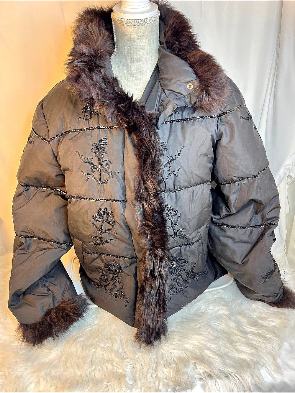 2003 St. John Coat Collection by Marie Gray Floral Embroidered & Beaded Down Puf